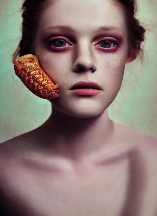 Prompt: Kodak Portra 400, 8K, soft light, volumetric lighting, highly detailed, fine art portrait photography in style of Paolo Roversi, britt marling style 3/4 face morphing with tropical pastel colors fishes, metamorphosis complex 3d render , 150 mm lens, art nouveau fashion embroidered, intricate details, elegant, hyper realistic, ultra detailed, octane render, etheric, outworldly colours, emotionally evoking, head in focus, fantasy, ornamental, intricate, elegant, 8K, soft light, volumetric lighting, highly detailed, Refined, Highly Detailed, soft lighting colors scheme, fine art photography, Hyper realistic, photo realistic