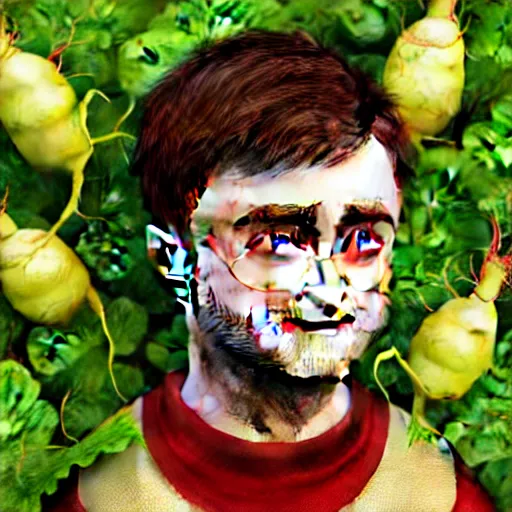 Image similar to hybrid of daniel radcliffe and a!! radish!!, film still,!! red skin!!,!! leaf ears!!, professional makeup, unreal engine 5, render, seeds, 8 k, trending on artstation