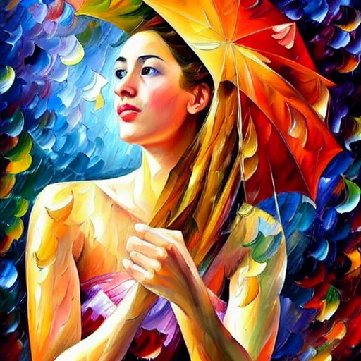 Image similar to highly detailed painting of a beautiful young woman, dancing in the rain, intricate, high quality oil painting artstyle, in the style of leonid afremov and anna dittmann, deviantart, figurative art, deviantart, ilya kuvshinov, lovecraftian, very detailed face, portrait