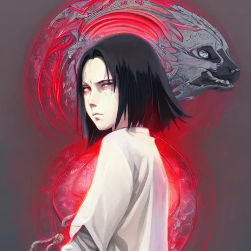 Image similar to itachi uchiha, red glowing eyes, intricate, elegant, highly detailed, digital painting, artstation, concept art, smooth, sharp focus, illustration, art by artgerm and greg rutkowski and alphonse mucha