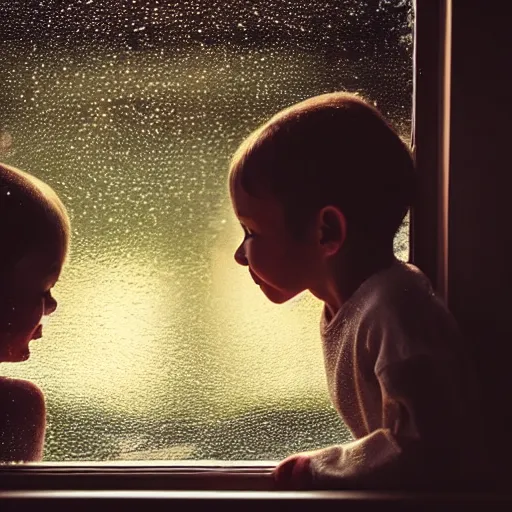 Image similar to a children photographed through a rainy window, bokeh, cinematic light, candles,