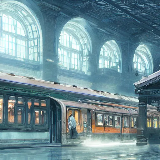 Prompt: a train entering a train station, fantasy, hd, volumetric lighting, 4 k, intricate detail, by jesper ejsing, irakli nadar