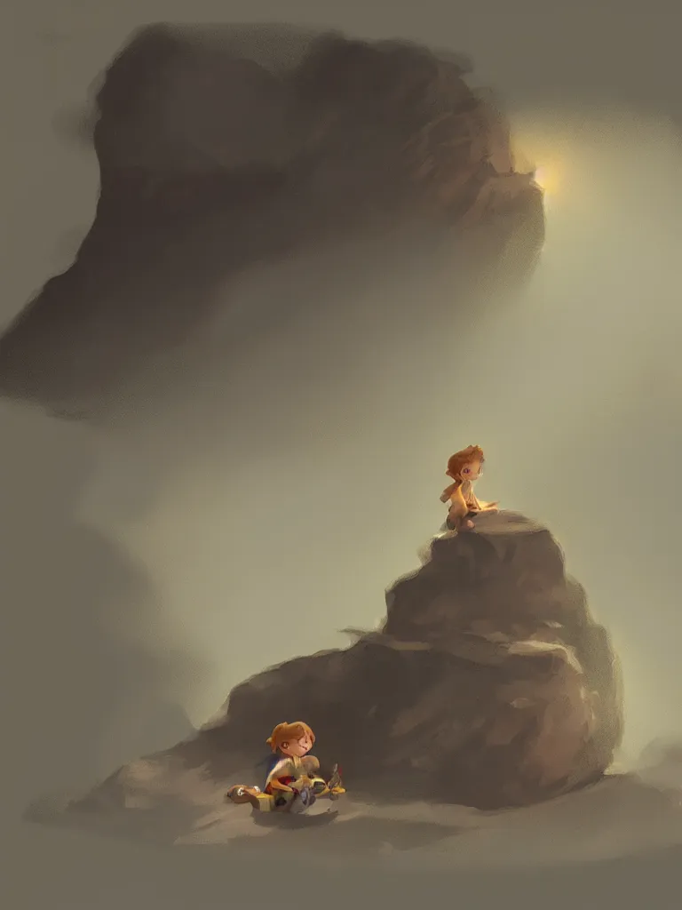 Prompt: lit child, in a dark cave, by disney concept artists, blunt borders, golden ratio, soft light