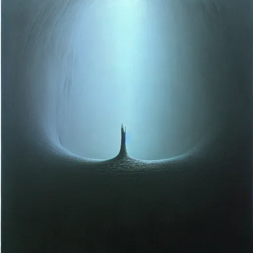 Image similar to when you look too long at the abyss the abyss looks back at you. by zdzislaw beksinski, hyperrealistic photorealism acrylic on canvas, resembling a high resolution photograph