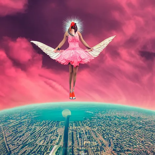 Image similar to goddess wearing a flamingo fashion, photoshop, colossal, creative, giant, digital art, city, photo manipulation, clouds, sky view from the airplane window