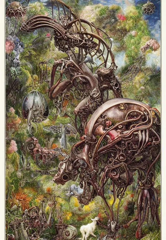 Prompt: simplicity, elegant, muscular goats, babies, botany radiating, colorful mandala, psychedelic, overgrown garden environment, by h. r. giger and esao andrews and maria sibylla merian eugene delacroix, gustave dore, thomas moran, pop art, biomechanical xenomorph, art nouveau, somber, bleak, glass domes