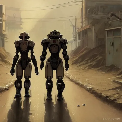 Prompt: two robots in power armor walking in a sand covered street, post apocalyse, ruined subdivision houses, Sci Fi, intricate, elegant, highly detailed, digital painting, artstation, concept art, matte, sharp focus, illustration, art by Greg Rutkowski and Alphonse Mucha