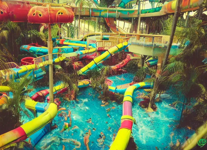 Image similar to abandoned colorful indoor water park with strange creatures lurking, polaroid photo