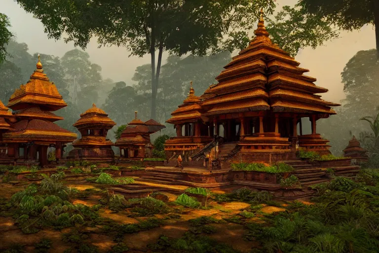 Prompt: Wooden ancient hindu city on the jungle, by Rebecca Guay and James Gurney | digital art | trending on artstation | UHD 8k CryEngine
