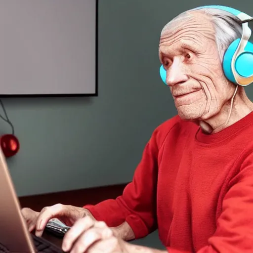 Image similar to A colored colorized real screenshot of Jerma985 as an elderly guy streaming on his computer while wearing headphones, taken in the early 2020s, taken on a 2010s Camera, realistic, hyperrealistic, very realistic, very very realistic, highly detailed, very detailed, extremely detailed, detailed, digital art, trending on artstation, headshot and bodyshot, detailed face, very detailed face, very detailed face, real, real world, in real life, realism, HD Quality, 8k resolution, intricate details, colorized photograph, colorized photon, body and headshot, body and head in view