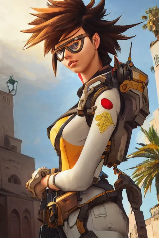 Image similar to portrait of tracer from overwatch travels in marrakech streets, morocco, palm trees, mosque, highly detailed, digital painting, artstation, concept art, smooth, sharp focus, illustration, art by artgerm and greg rutkowski and alphonse mucha