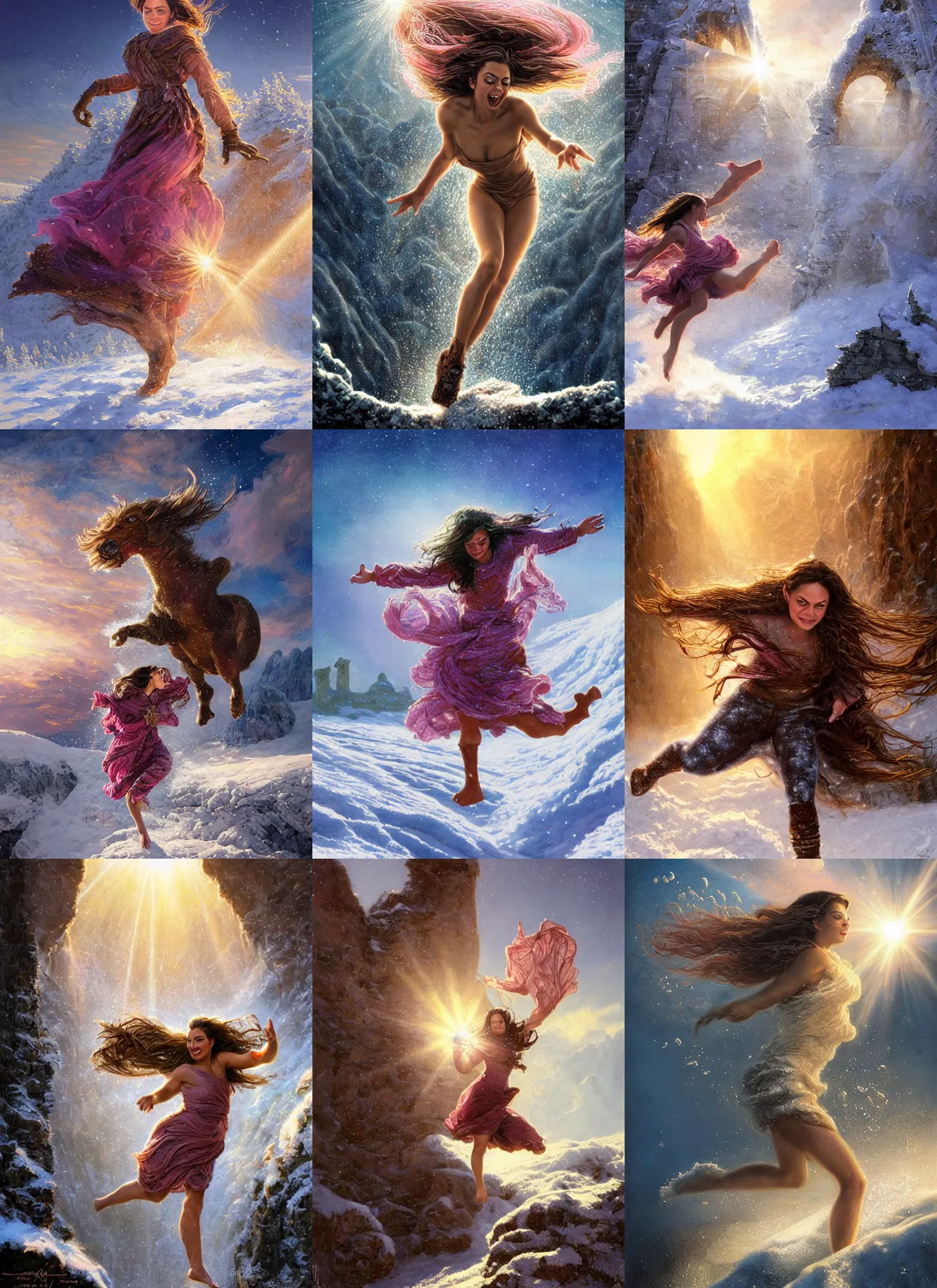 Prompt: epic portrait of warmly clothed Mila Kunis jumping into deep snow, ancient ruins, prism sun rays through wind swept snow, pink golden hour, intricate, highly detailed, epic vista, very crispy, Ralph Horsley, Daniel F. Gerhartz, Artgerm, Boris Villajo, Lilia Alvarado