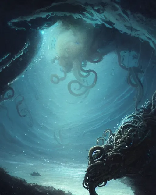 Image similar to A matted painting of a sea monster with many tentacles, on an underwater environment with expansive views of space, inspired by greg rutkowski and Keith Mallett, digital art, extremely moody lighting, glowing light and shadow, atmospheric, shadowy, cinematic