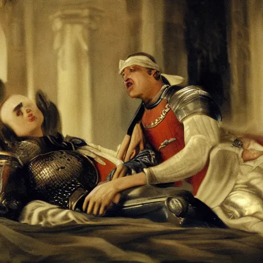 Image similar to woman crying next to his knight husband's body, cinematic, dramatic scene