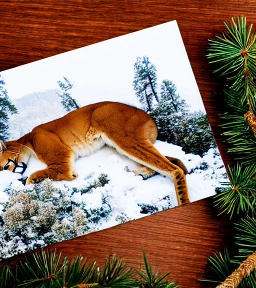 Image similar to torn up postcard showing 'a cougar sleeping in the middle of snowy pine tree' laying on coffee table, zoomed out shot, HD, iphone capture