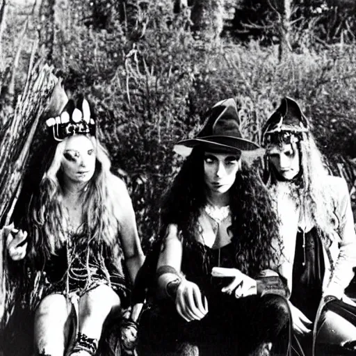 Prompt: 1969, witchcraft, psychedelic hippies, goths, long-haired witch, coven, rockers, rural New York, Polaroid