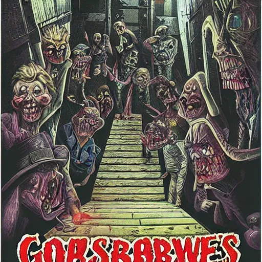 Prompt: goosebumps cover art of zombies on a dark stairway. highly detailed illustration. strong shadows. pulp horror art