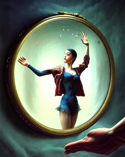 Image similar to a hyper - detailed 3 d render like a oil painting of a person reaching for their ideal self in the magic mirror, surrealism!!!!! surreal concept art, lifelike, photorealistic, digital painting, aesthetic, smooth, sharp focus, artstation hd, by greg rutkowski, bruce pennington, valentina remenar and asher duran,