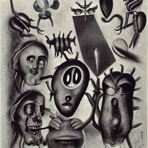 Image similar to a dadaist surrealist discordian subgenius collage of arachnophobia by max ernst, james gleeson, man ray, kurt schwitters, monochromatic source imagery, creepy, stygian, abyssal