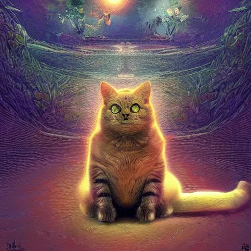 Image similar to a cat attains transcendence through meditation, psychedelic, by Marc simonetti