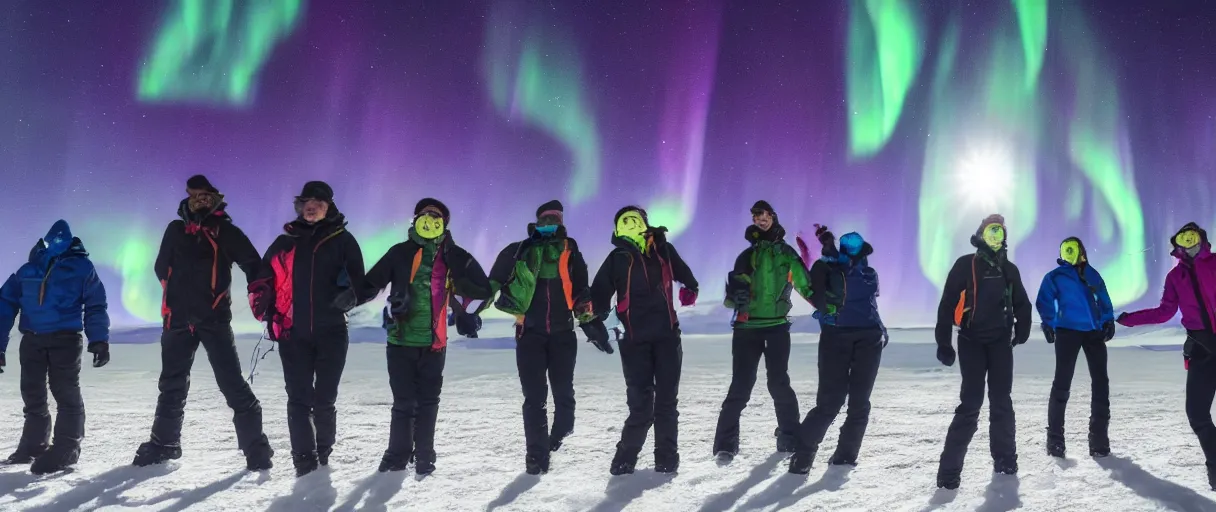 Image similar to a creepy backlit hyper detailed photo realistic vivid close up photograph of a group of six complete people in the snow at night aurora borealis in antarctica running through mcmurdo station base screaming oh my god