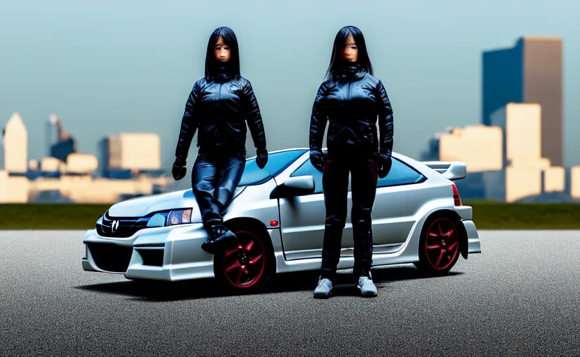 Image similar to photograph of a cell-shaded Honda EK9 Type-R next to a techwear woman standing looking off into the distance, on an Ohio road with a futuristic city in the horizon, one point perspective, 1-point perspective, tilt shift, sigma 85mm f/1.4, 4k, depth of field, high resolution, 4k, 8k, hd, full color, trending on artstation