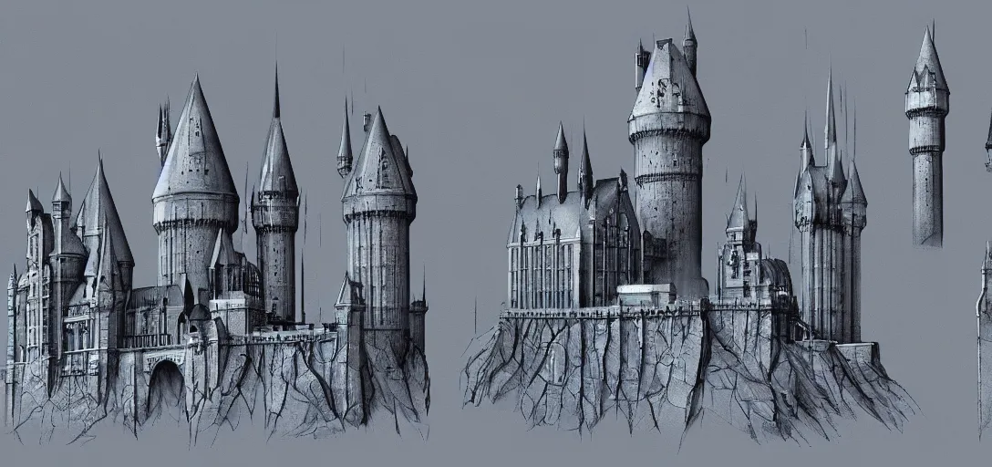 Image similar to blueprints for hogwarts castle, concept art, blueprint,