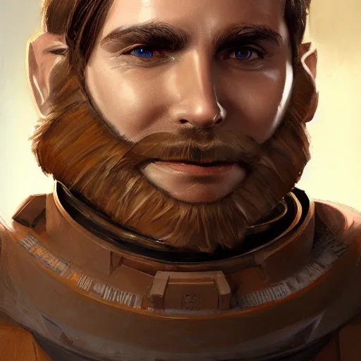 Image similar to Portrait of a man with brown hair and beard smiling in futuristic Star Wars imperial armor, digital art, realistic, artstation, detailed