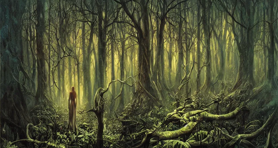 Prompt: A dense and dark enchanted forest with a swamp, by Karol Bak