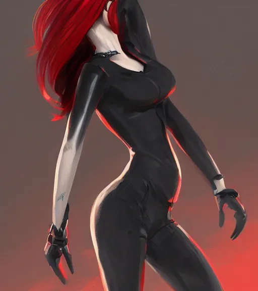 Image similar to a woman wearing black clothes, full body shot, red hair, highly detailed, digital painting, artstation, concept art, smooth, sharp focus, illustration