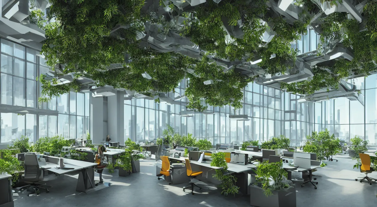 Prompt: futuristic office with trees and plants, glowing computer screens, bright with large windows and voluminous light and light rays, extremely intricate, very detailed, artstation, octane render, warm colored furniture and highlights, cinematic lighting