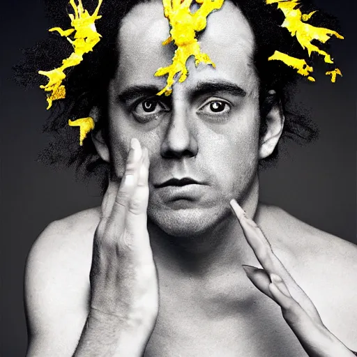 Image similar to a beautiful performance art of a self - portrait of the artist. he is shown with his head turned to the left, looking at the viewer. his hair is wild and his eyes are wide open. his right hand is raised, as if he is pointing at something. goldenrod by ingrid baars apocalyptic