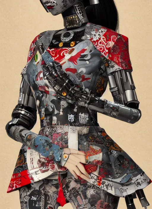 Image similar to full body photo of a punk geisha robot with kanji tattoos and decals wearing a digital pixelated kimono, intricate design, photo - realistic, octane render, ultra fine detailed, character design, trending on artstation