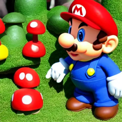 Image similar to hyper-realistic super mario character with realistic mushrooms, goombas and toad. and a realistic yoshi.