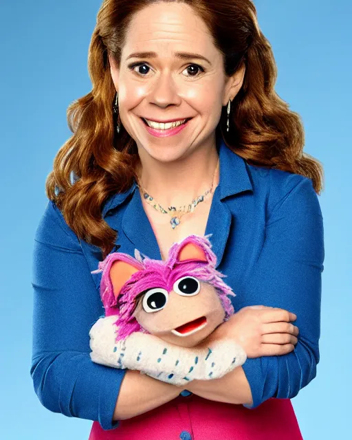 Image similar to pam beesley as a muppet. highly detailed felt. hyper real photo. 4 k.