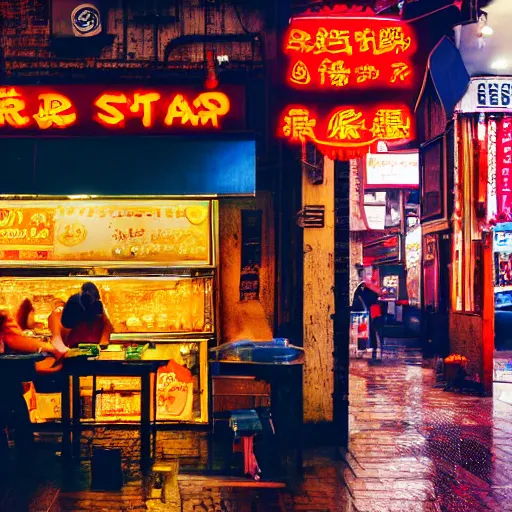 Prompt: a street noodle bar in the rainy city of neolondon, a steaming bowl of ramen sitting on the table against the rainy background of neon signs, cyberpunk, futuristic, grungy, film grain, polaroid photograph