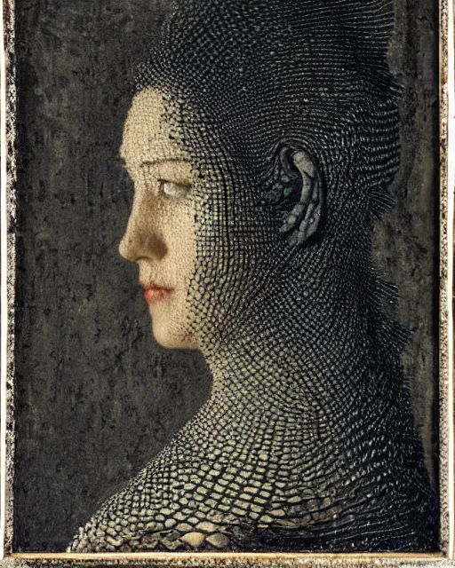Prompt: a woman's face in profile, made of fish scales, in the style of the dutch masters and gregory crewdson, dark and moody