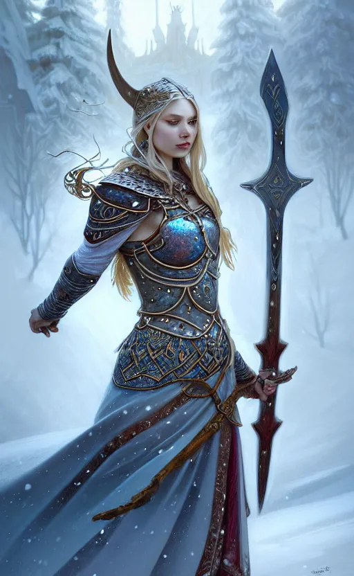 Image similar to opal viking warrior, regal, elegant, winter, snow, beautiful, stunning, hd, illustration, epic, d & d, fantasy, intricate, elegant, highly detailed, wide angle, digital painting, artstation, concept art, smooth, sharp focus, illustration, wallpaper, art by artgerm and greg rutkowski and alphonse mucha and jin xiaodi