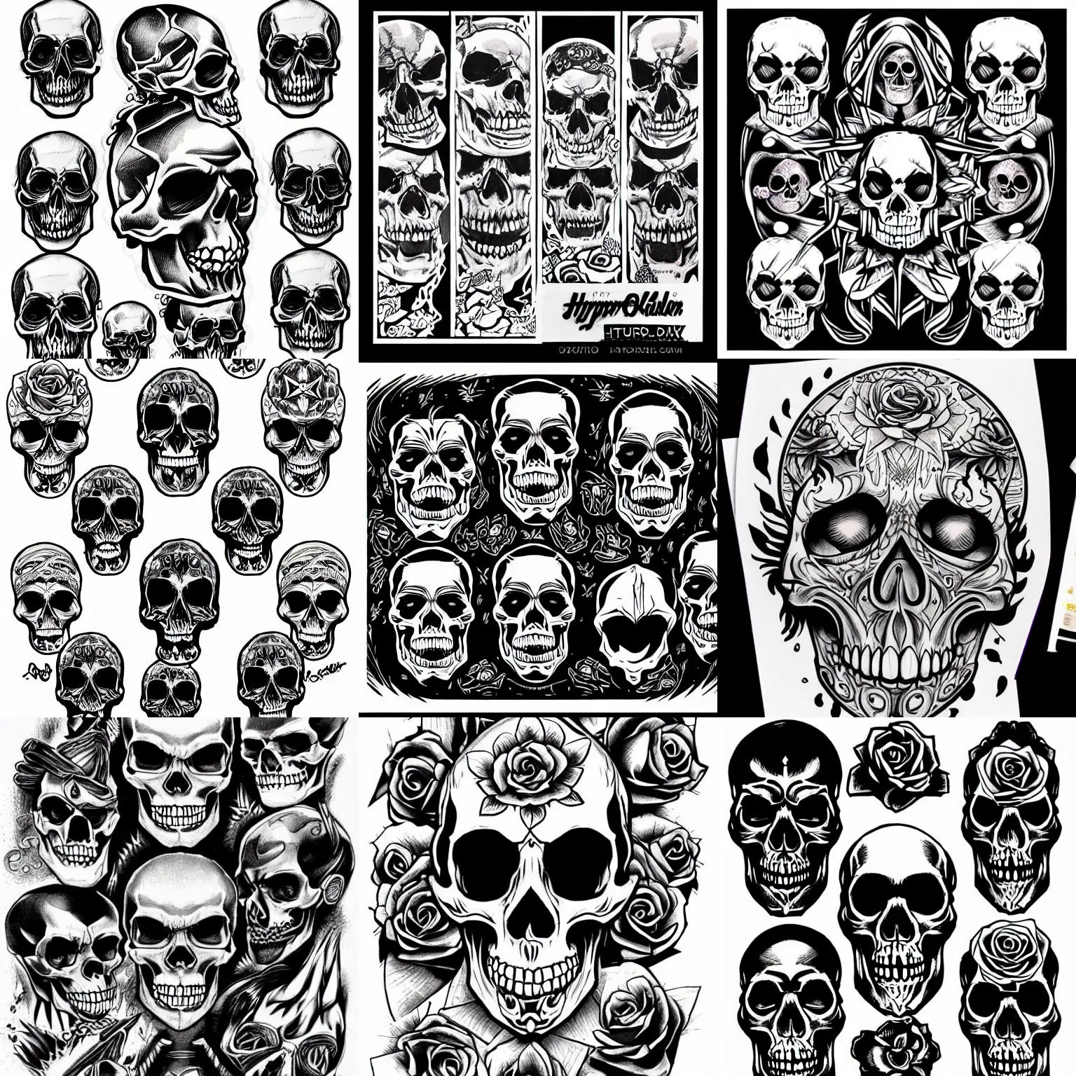 Prompt: hyperdetailed skull flash tattoo sheet