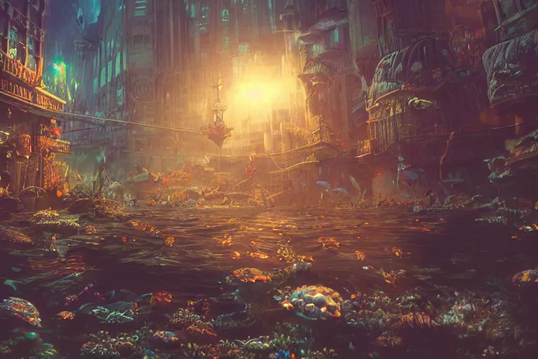 Image similar to the most amazing dream you ever had about undersea bikini bottom city, hyper realistic, ambient lighting, concept art, intricate, hyper detailed, smooth, dynamic volumetric lighting, octane, cinematic