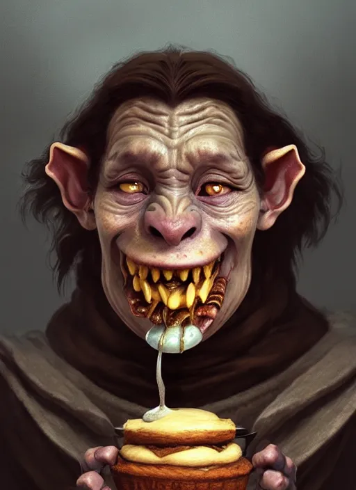 Image similar to portrait of a medieval goblin eating cakes, beautiful face, hyper realistic, highly detailed, digital painting, artstation, illustration, concept art by hyung tae and frank frazetta, digital paint, matte paint, washed colors, dark, gloomy