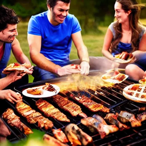 Image similar to a photo of some argentine friends eating a barbecue at night