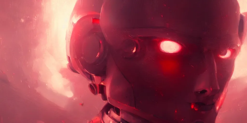 Image similar to beautiful ai robot realistic portrait of anime character, detailed eyes, manly face, crimson red aura, digital fantasy, art by greg rutkowski, aesthetic in 8 k