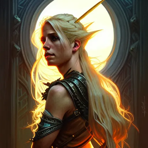 Image similar to An epic fantasy portrait of a blond woman, castle setting, horror movie lightning, intricate, elegant, highly detailed, digital painting, artstation, concept art, matte, sharp focus, illustration, art by Artgerm and Greg Rutkowski and Alphonse Mucha