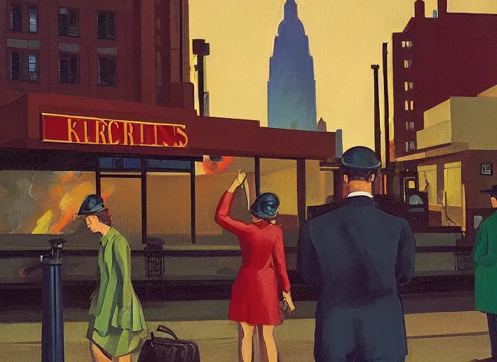 Image similar to crowd of working citizens carrying daily routines on the backdrop of war and missiles exploding residential buildings, DSLR 35mm, by Edward Hopper and Dan Mumford