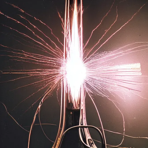 Image similar to a tesla coil device, electricity plasma arching, antique