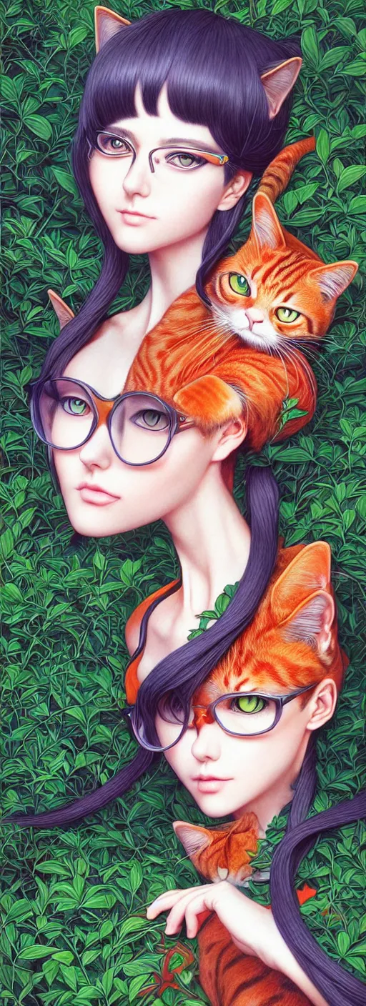 Prompt: richly detailed color pencil illustration of a portrait of a stylish gardener woman hypnotic cat, by artgerm and range murata rendered with 3 d effect.