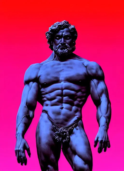 Image similar to statue of hercules looking angry, beeple, vaporwave, retrowave, black background, neon outlines, black, glitch, strong contrast, neon cuts, pinterest, trending on artstation