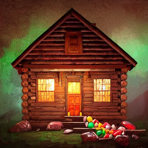 Prompt: a cabin in the woods made completely out of candy, digital art, dynamic lighting, Lovecraft style