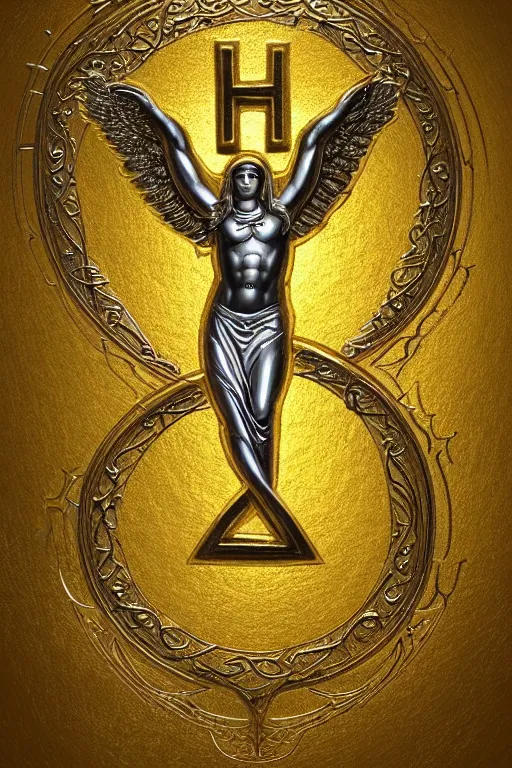 Prompt: Old hebrew symbol of archangel Gabriel. Symbol made out of metal. Cooper lining ,intricate, elegant, highly detailed, digital painting, artstation, concept art, smooth, sharp focus, illustration, art by Ilja Repin